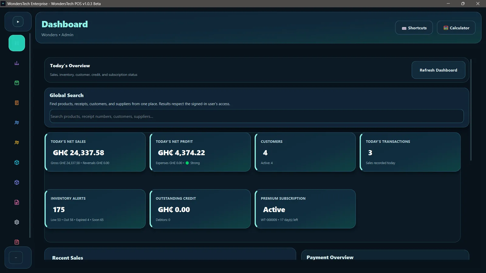 WondersTech POS dashboard in dark mode